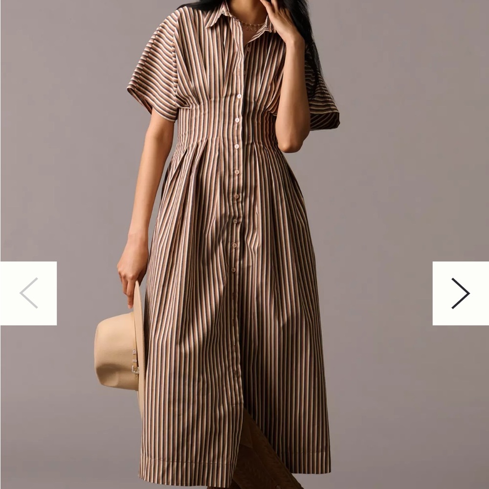 Anthropologie Tobie Button-Front Pleated Shirt dress by Exquise in Brown Motif
